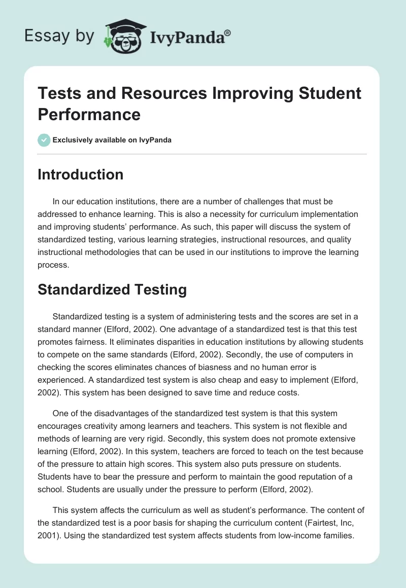 Tests and Resources Improving Student Performance. Page 1