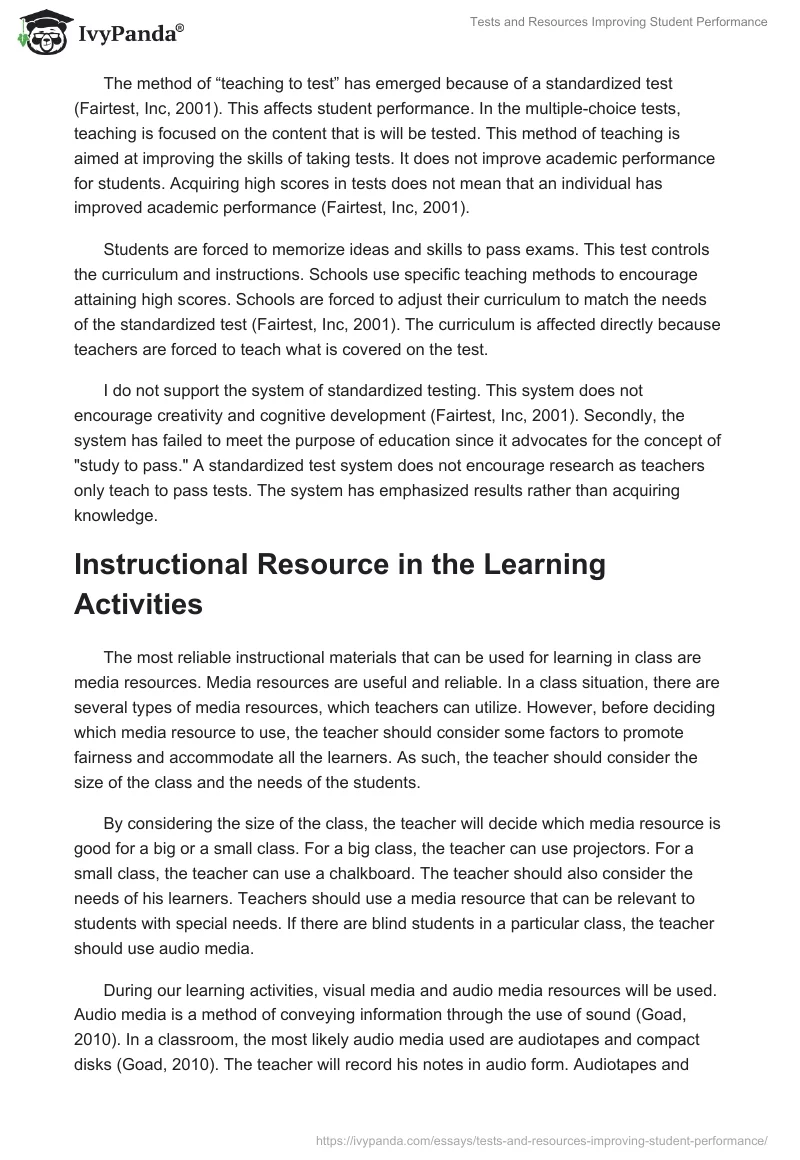 Tests and Resources Improving Student Performance. Page 2