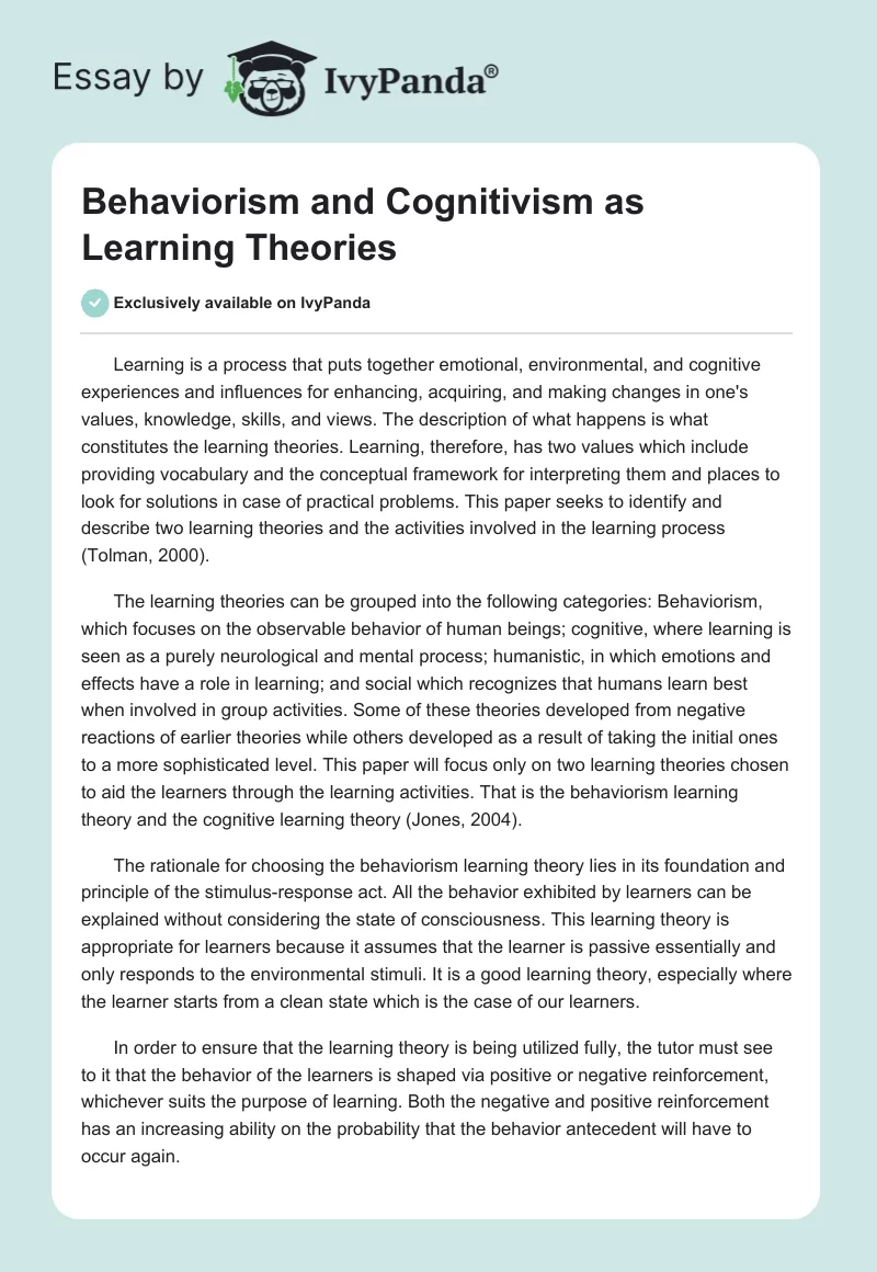 Behaviorism and Cognitivism as Learning Theories. Page 1