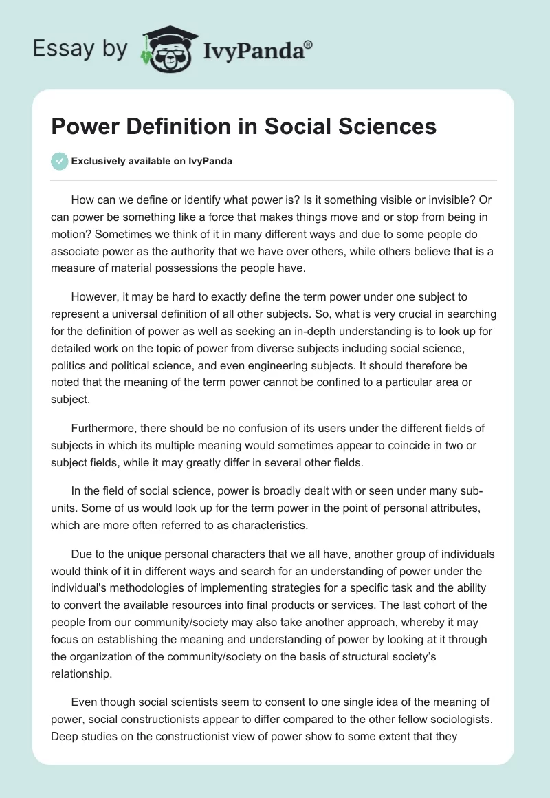 Power Definition in Social Sciences. Page 1