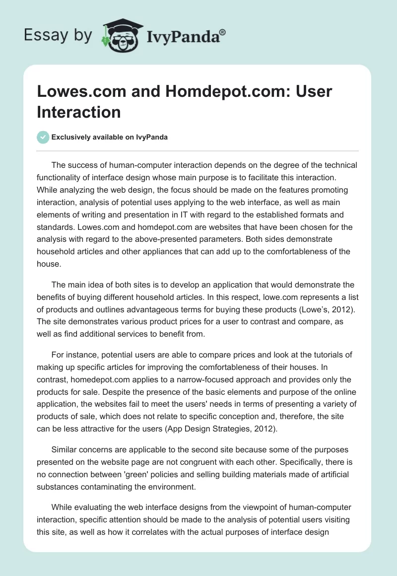 Lowes.com and Homdepot.com: User Interaction. Page 1