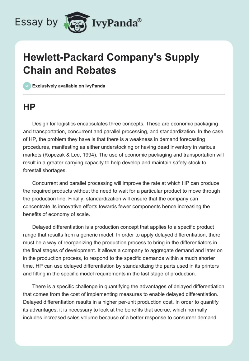 Hewlett-Packard Company's Supply Chain and Rebates. Page 1