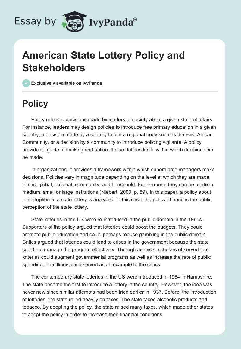 American State Lottery Policy and Stakeholders. Page 1