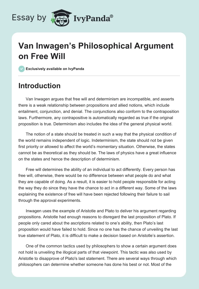 Van Inwagen’s Philosophical Argument on Free Will. Page 1