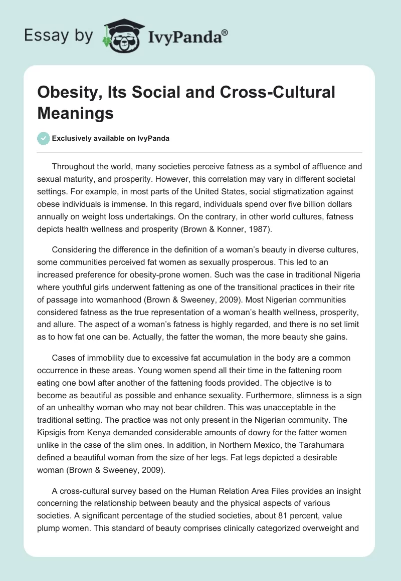 Obesity, Its Social and Cross-Cultural Meanings. Page 1