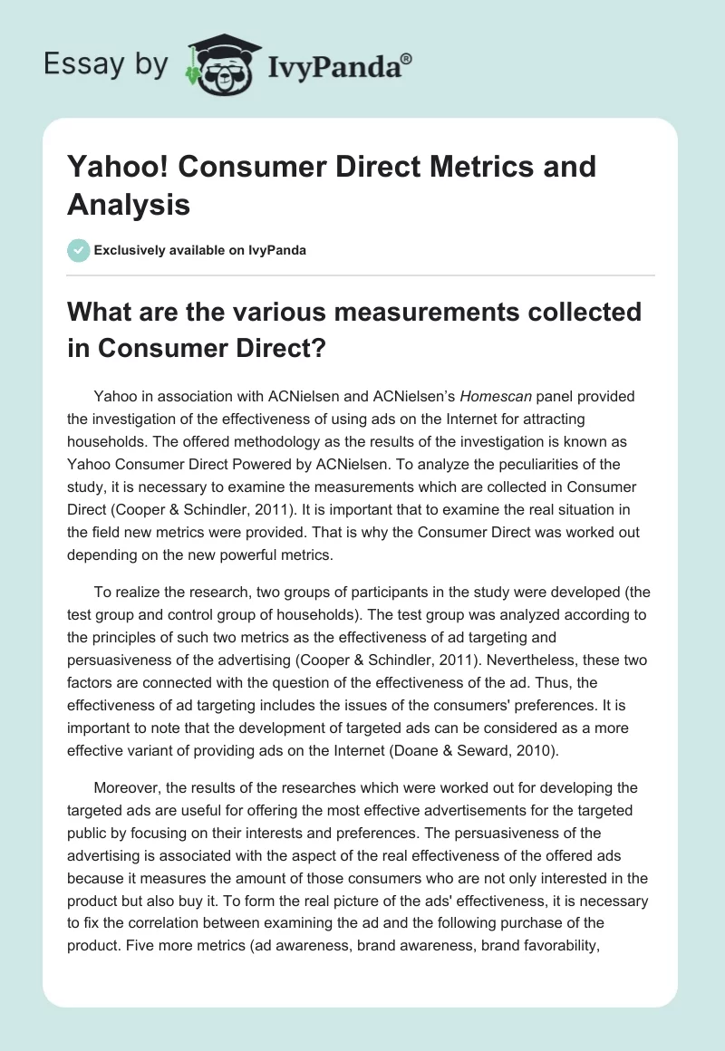 Yahoo! Consumer Direct Metrics and Analysis. Page 1