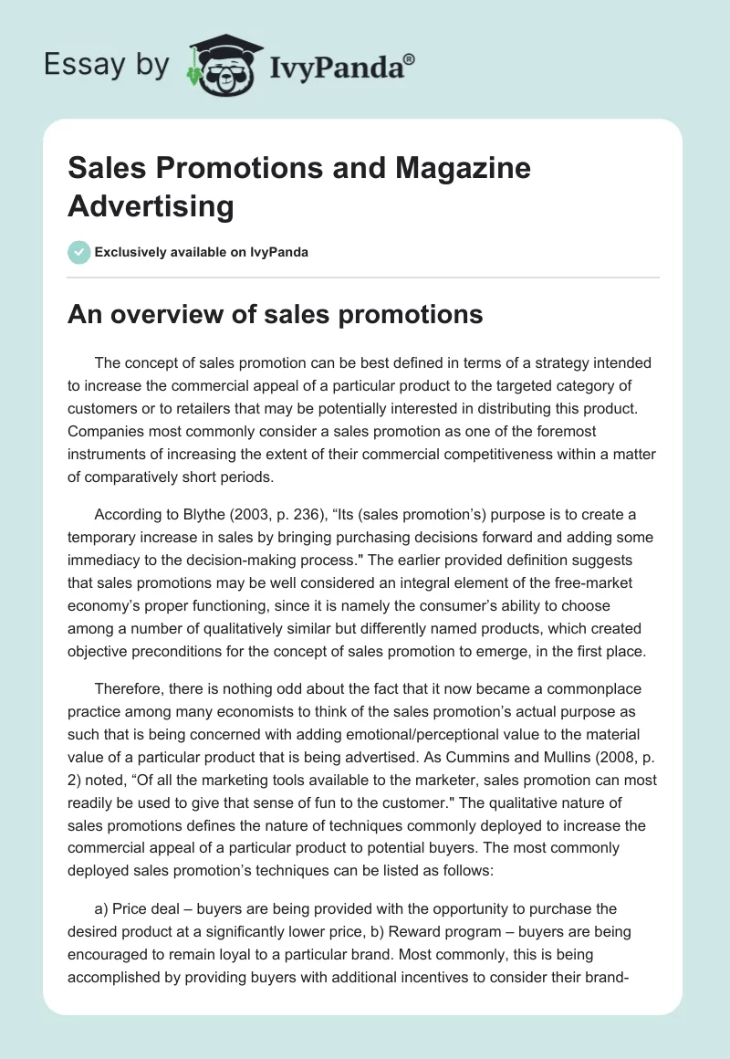 Sales Promotions and Magazine Advertising. Page 1