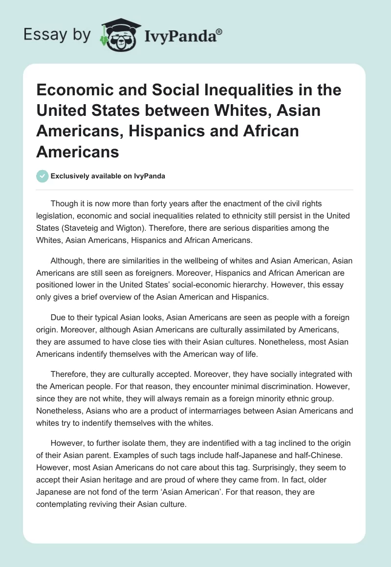 Economic and Social Inequalities in the United States Between Whites, Asian Americans, Hispanics and African Americans. Page 1