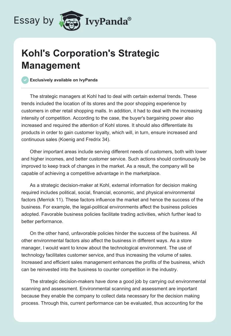 Kohl's Corporation's Strategic Management. Page 1