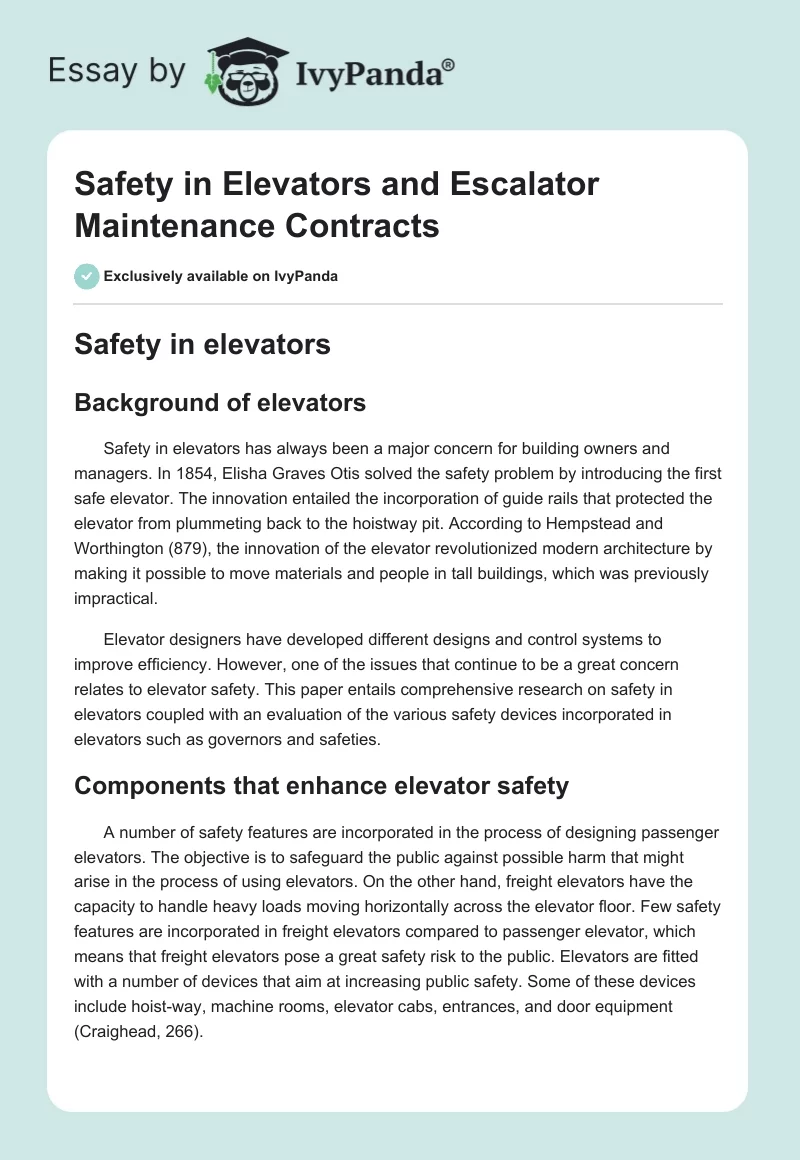 Safety in Elevators and Escalator Maintenance Contracts. Page 1
