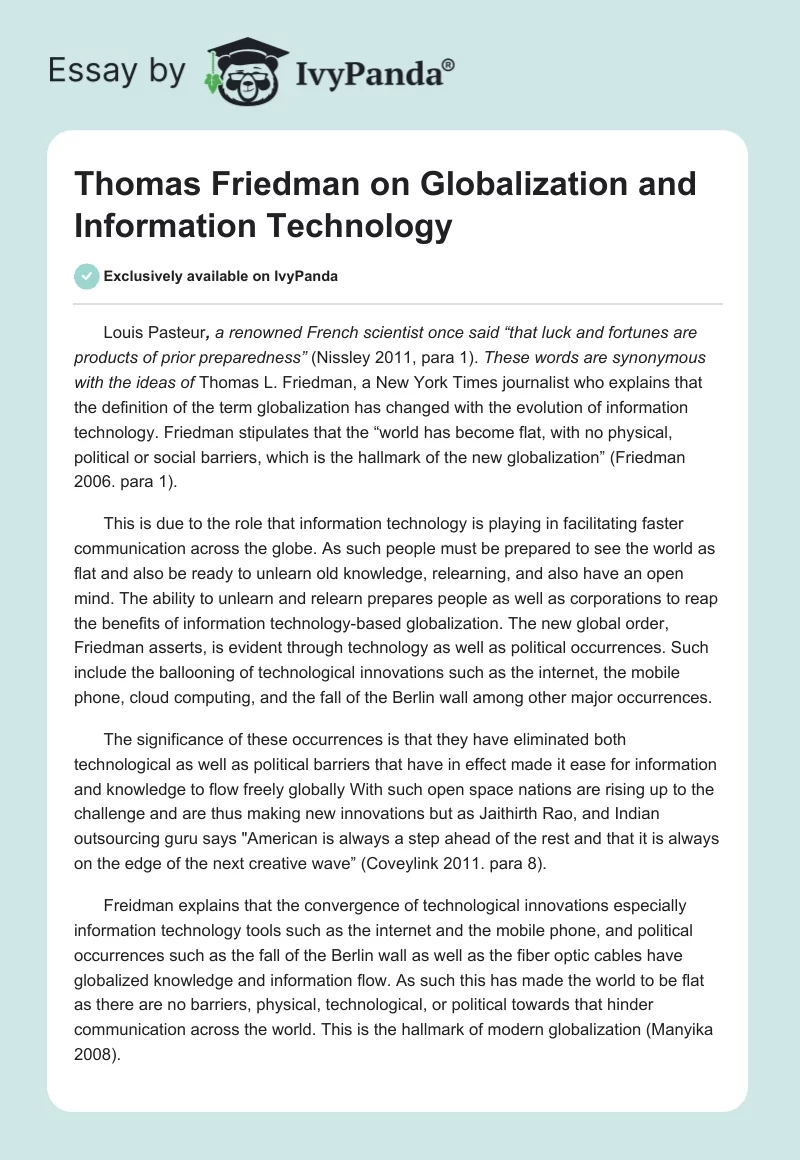 Thomas Friedman on Globalization and Information Technology. Page 1
