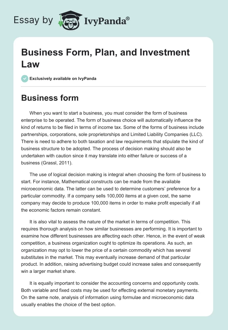 Business Form, Plan, and Investment Law. Page 1