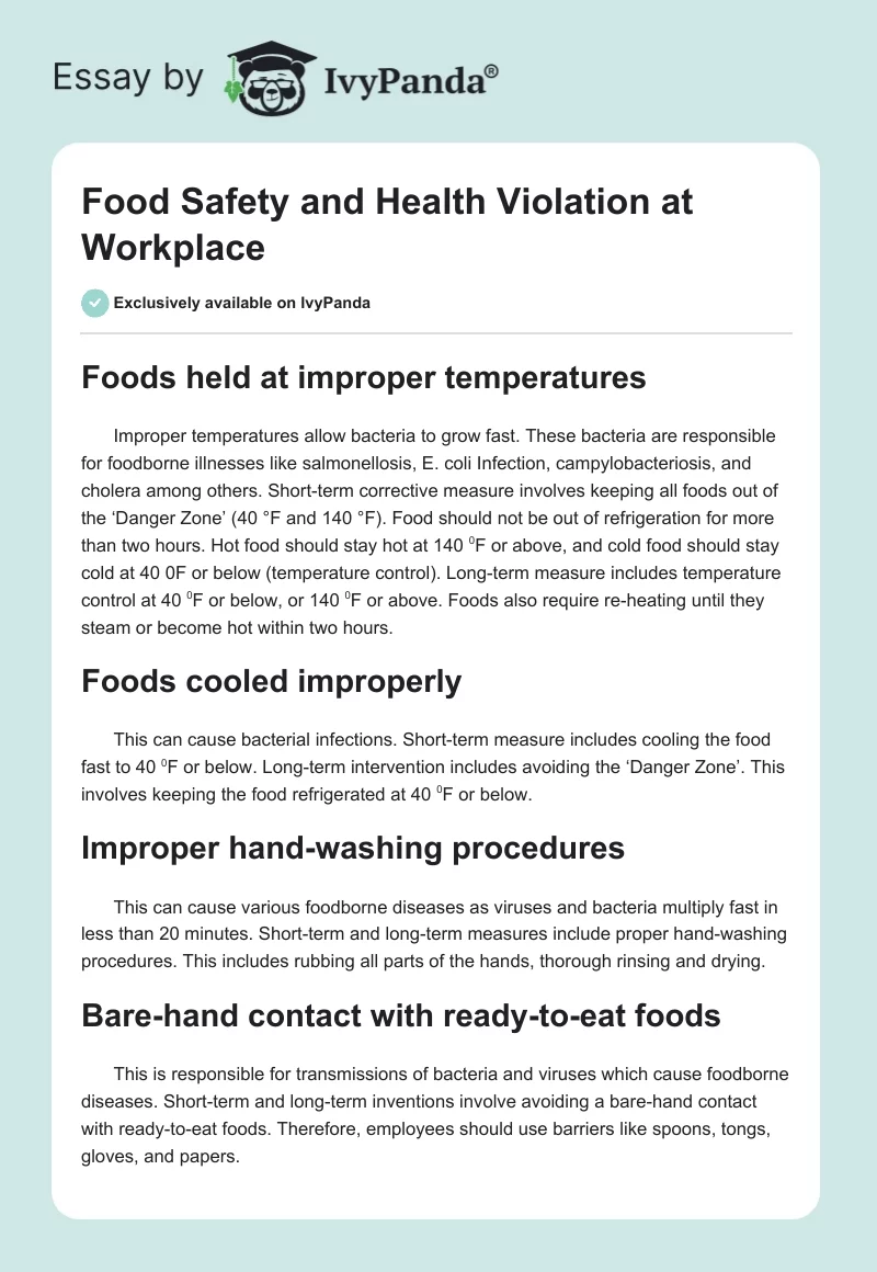 Food Safety and Health Violation at Workplace. Page 1
