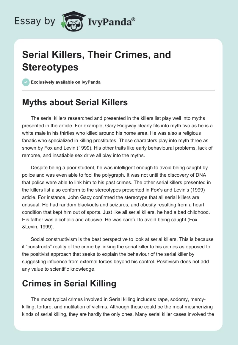 Serial Killers, Their Crimes, and Stereotypes. Page 1
