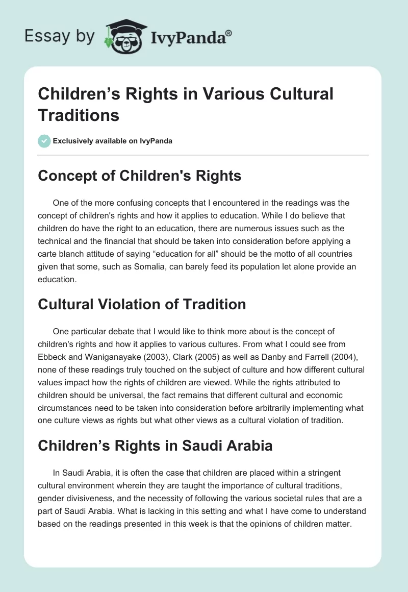 Children’s Rights in Various Cultural Traditions. Page 1