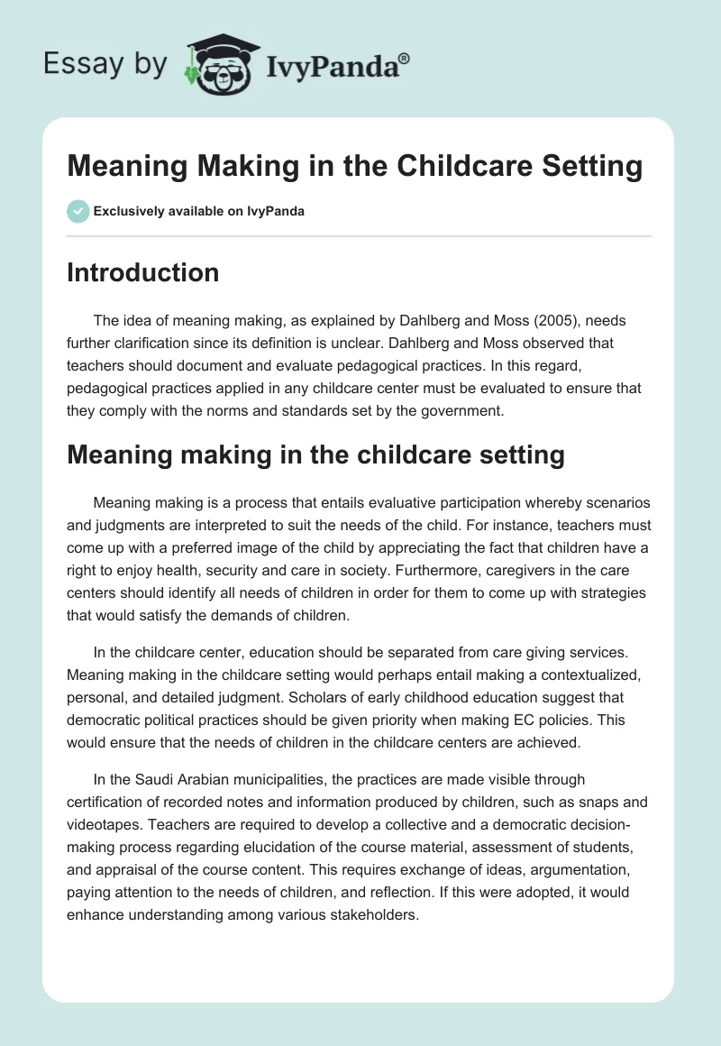 Meaning Making in the Childcare Setting. Page 1
