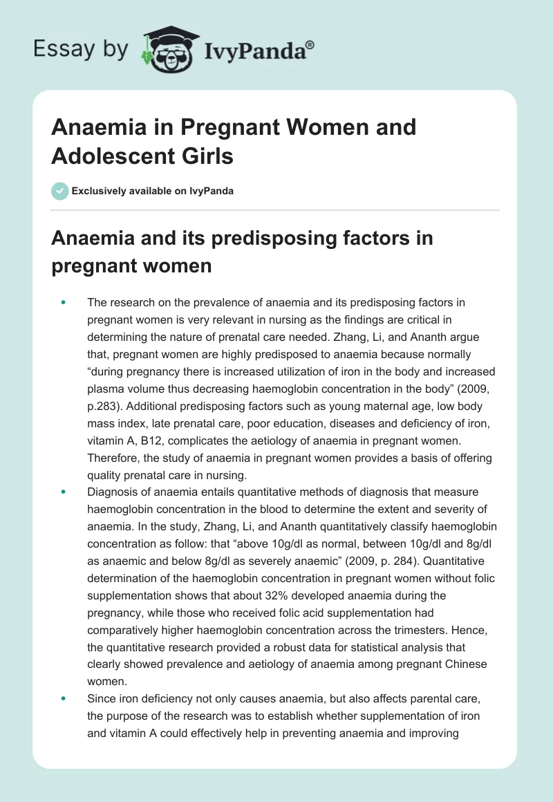 Anaemia in Pregnant Women and Adolescent Girls. Page 1