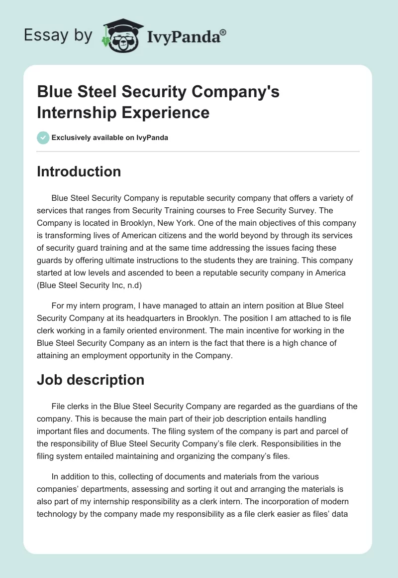 Blue Steel Security Company's Internship Experience. Page 1
