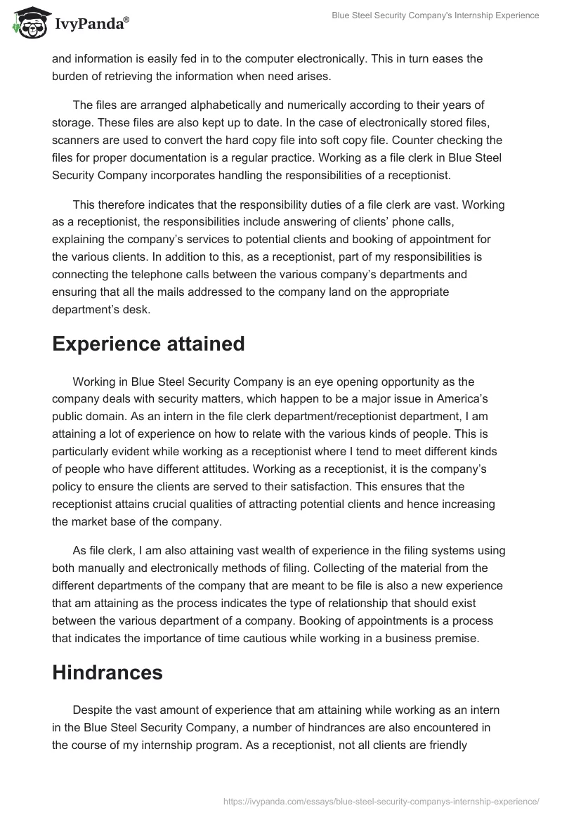 Blue Steel Security Company's Internship Experience. Page 2