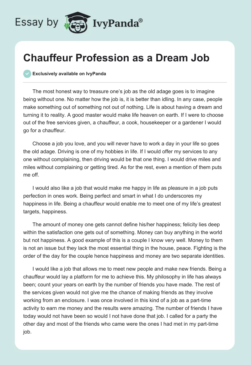 Chauffeur Profession as a Dream Job. Page 1