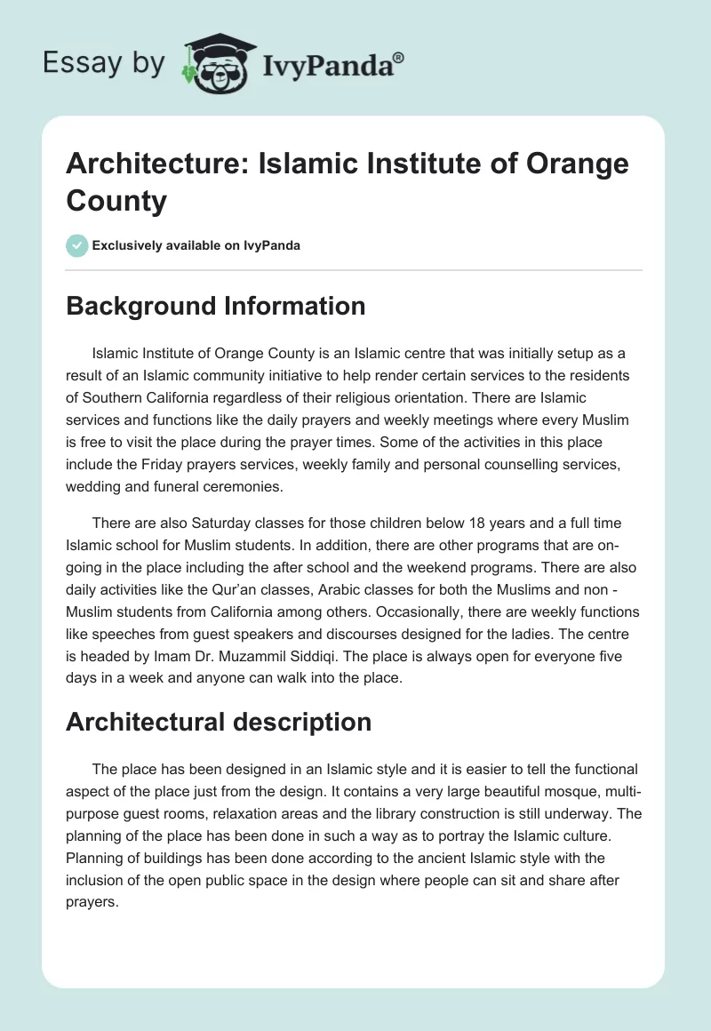 Architecture: Islamic Institute of Orange County. Page 1