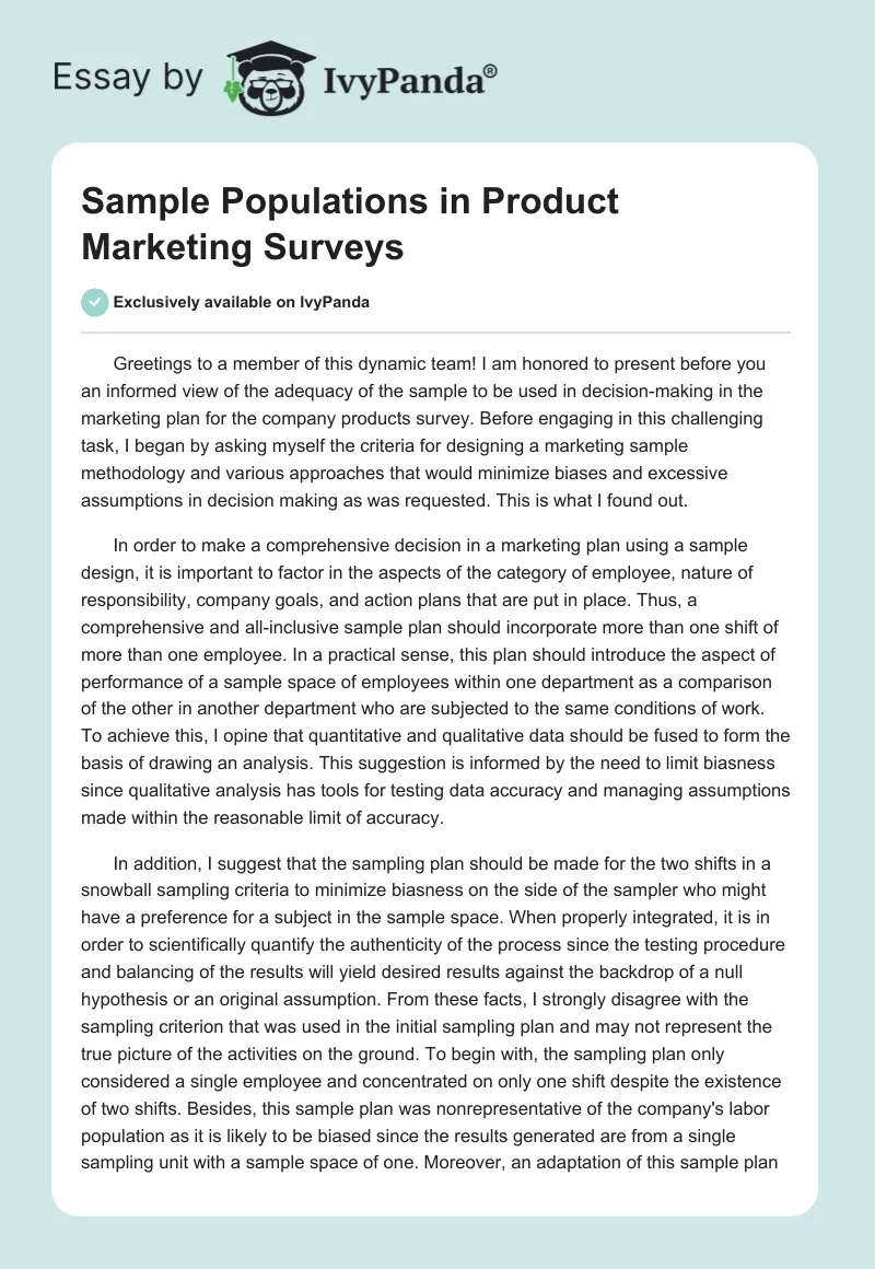 Sample Populations in Product Marketing Surveys. Page 1