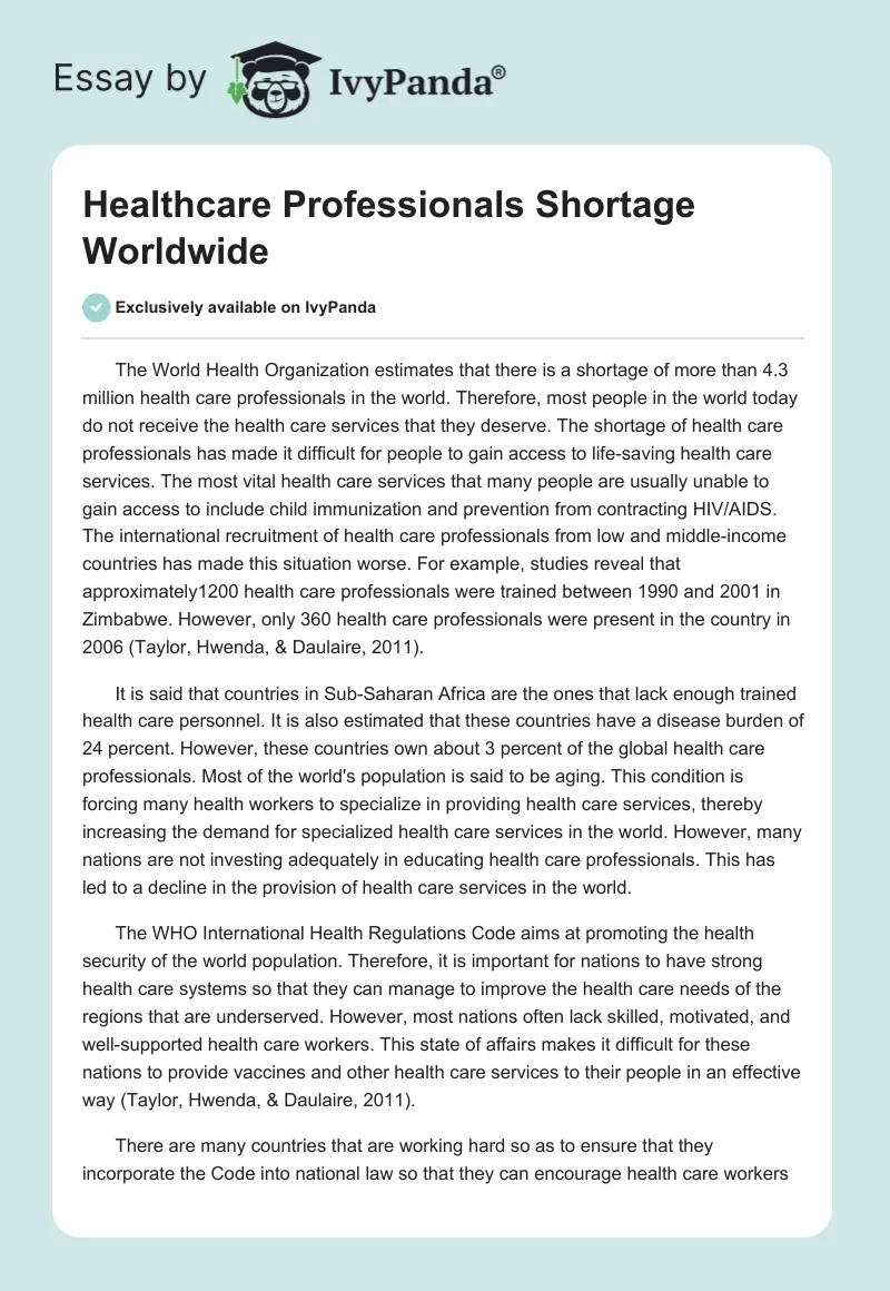 Healthcare Professionals Shortage Worldwide. Page 1
