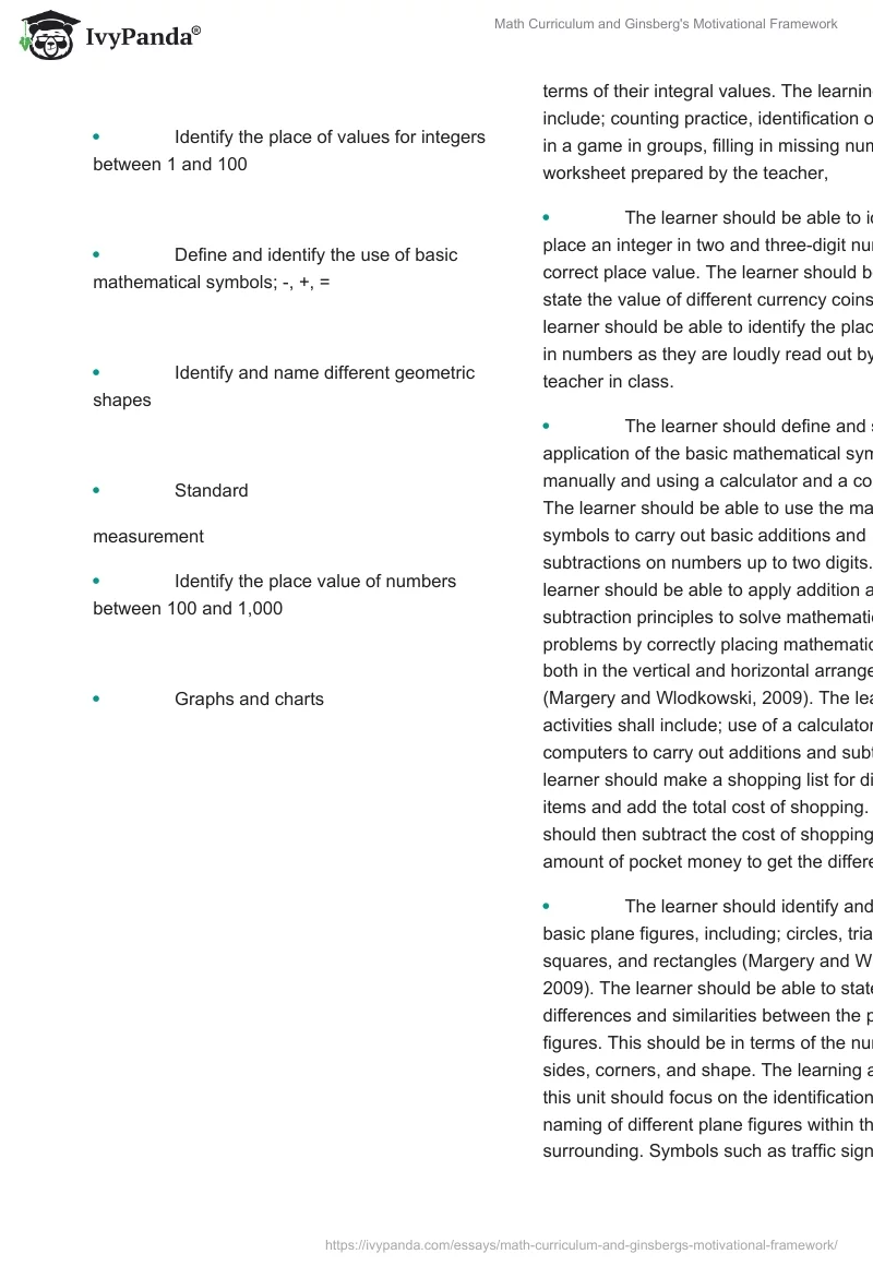 Math Curriculum and Ginsberg's Motivational Framework. Page 2