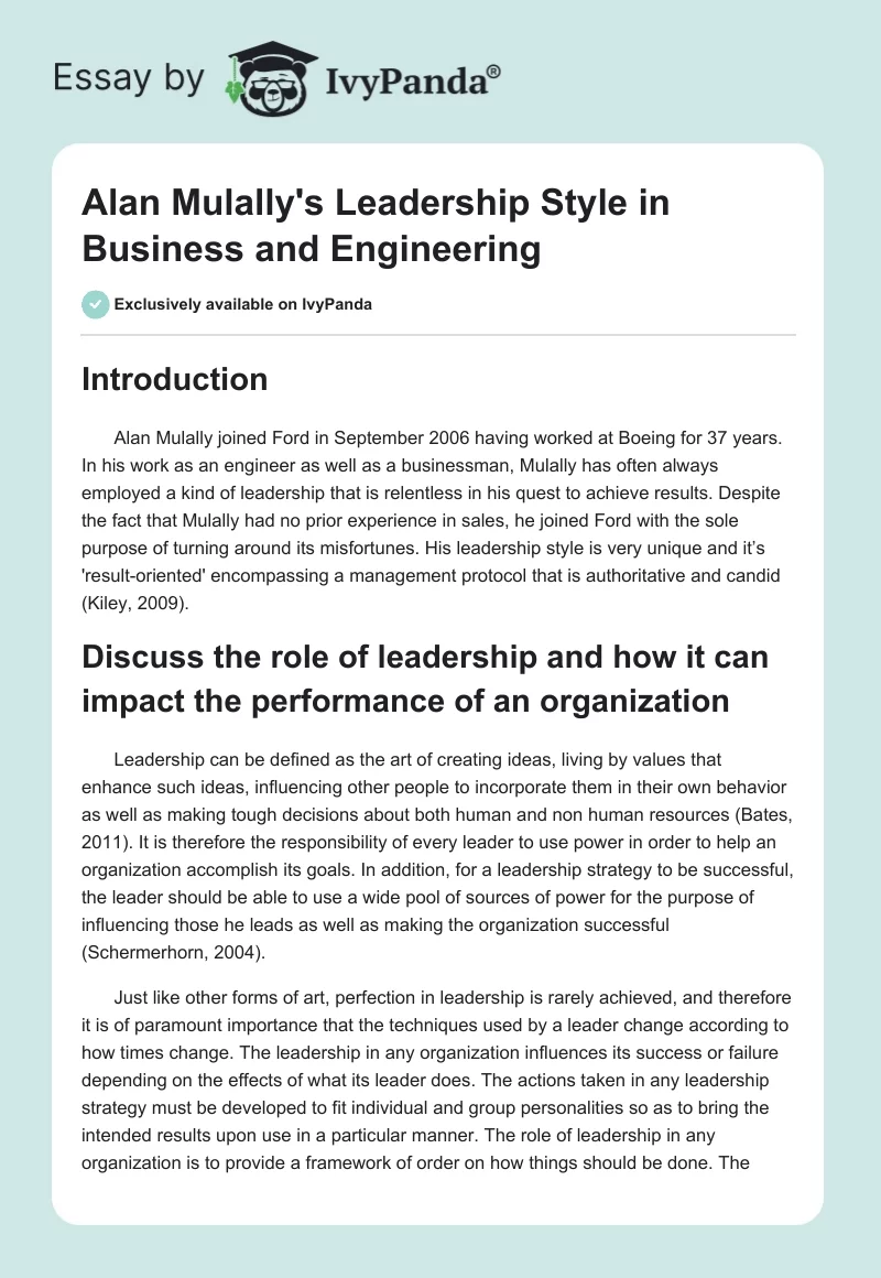 Alan Mulally's Leadership Style in Business and Engineering. Page 1