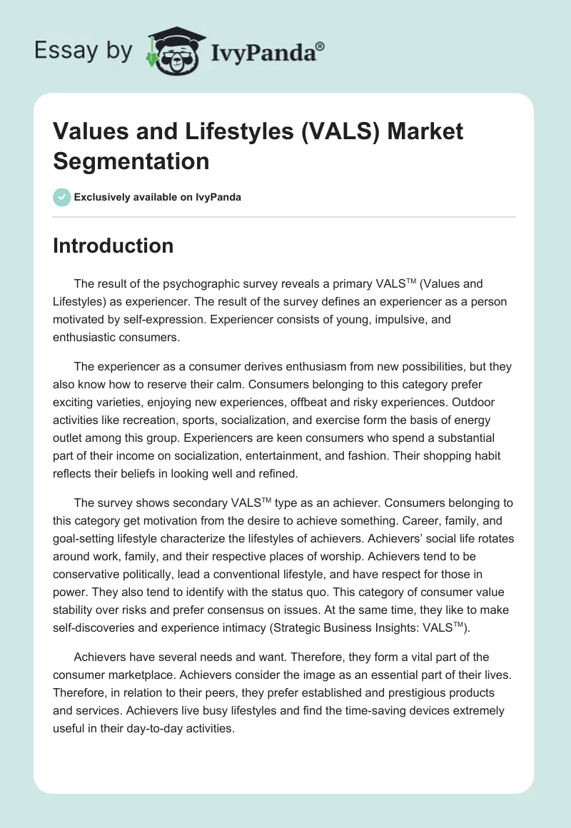 Values and Lifestyles (VALS) Market Segmentation. Page 1