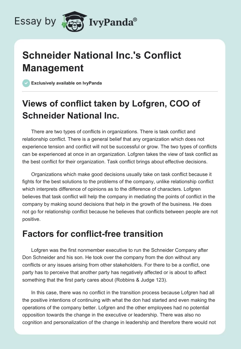 Schneider National Inc.'s Conflict Management. Page 1