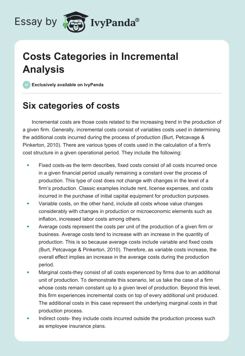 Costs Categories in Incremental Analysis. Page 1