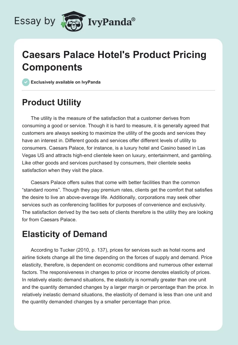 Caesars Palace Hotel's Product Pricing Components. Page 1