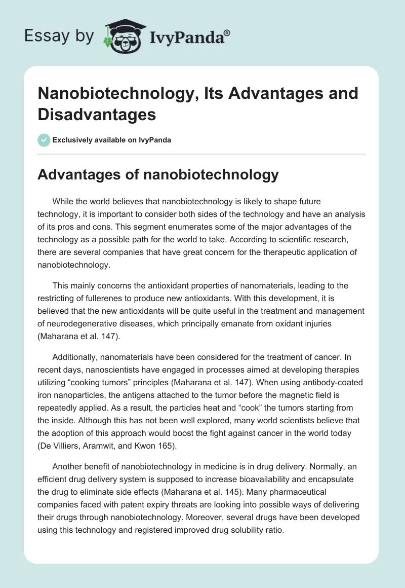Nanobiotechnology, Its Advantages and Disadvantages. Page 1