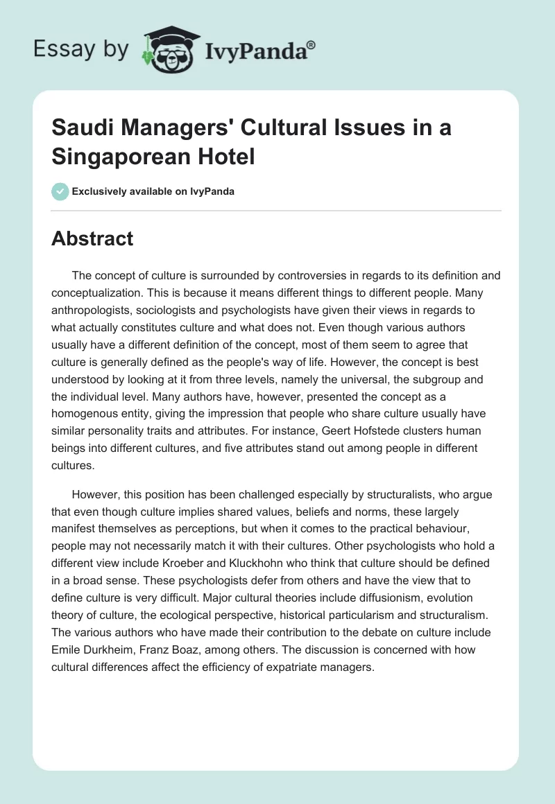 Saudi Managers' Cultural Issues in a Singaporean Hotel. Page 1