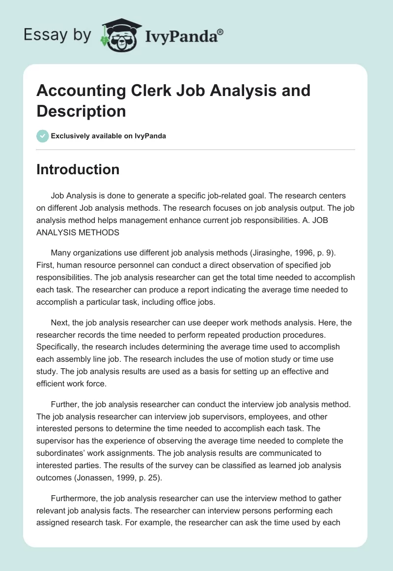 Accounting Clerk Job Analysis and Description. Page 1