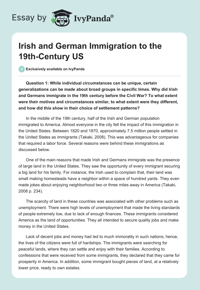 Irish and German Immigration to the 19th-Century US. Page 1