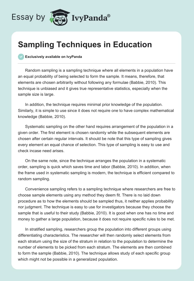 Sampling Techniques in Education. Page 1