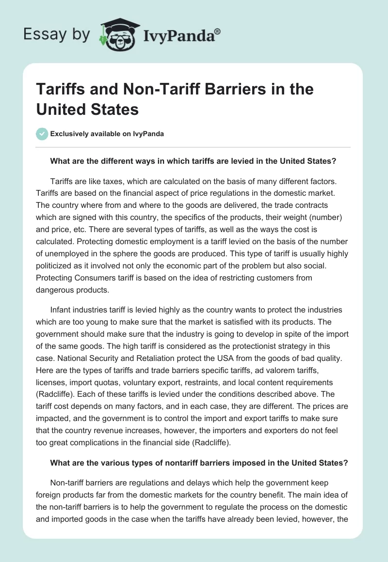 Tariffs and Non-Tariff Barriers in the United States. Page 1