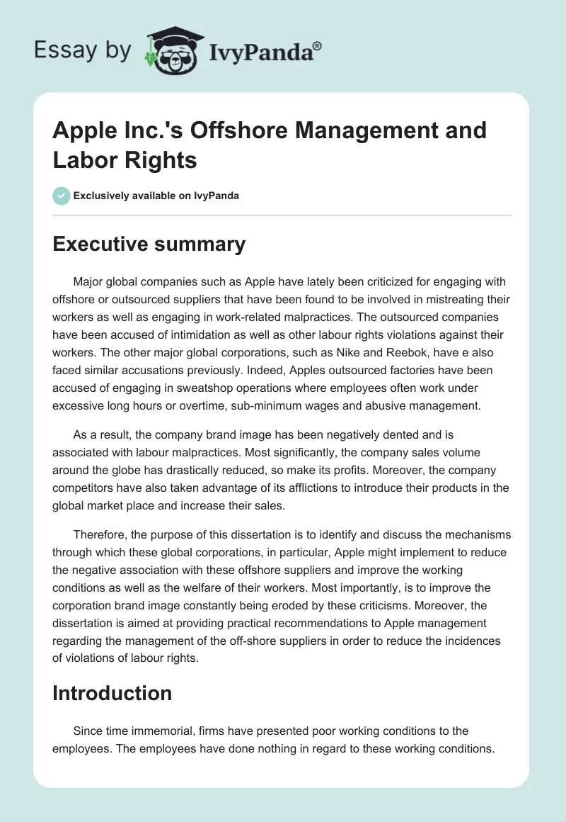 Apple Inc.'s Offshore Management and Labor Rights. Page 1