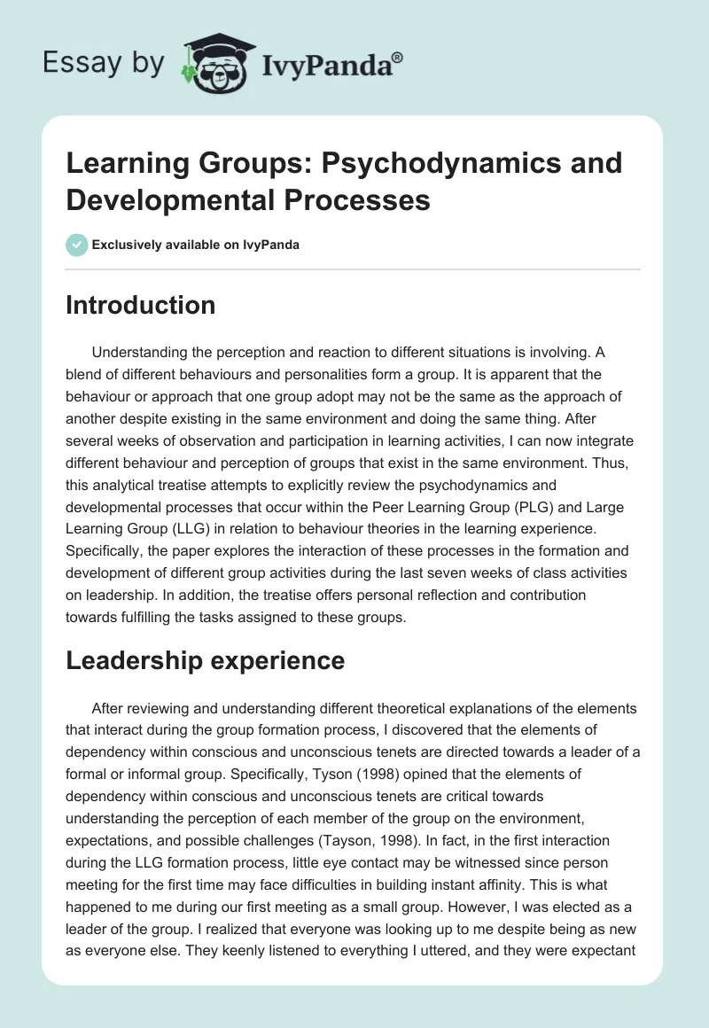 Learning Groups: Psychodynamics and Developmental Processes. Page 1