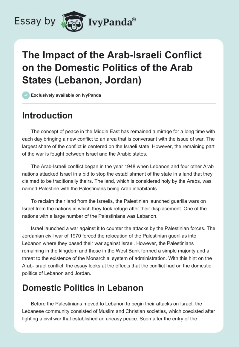 The Impact of the Arab-Israeli Conflict on the Domestic Politics of the Arab States (Lebanon, Jordan). Page 1