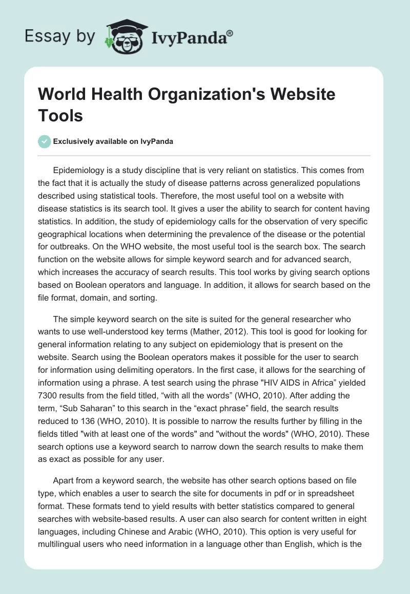 World Health Organization's Website Tools. Page 1
