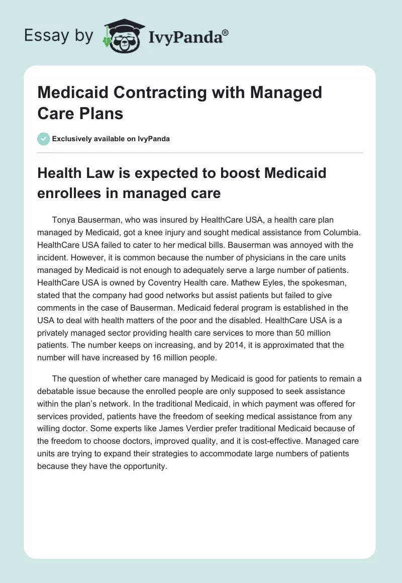 Medicaid Contracting with Managed Care Plans. Page 1