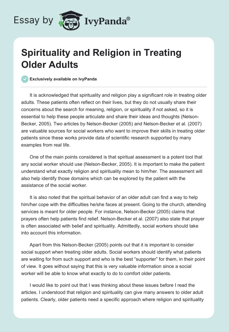 Spirituality and Religion in Treating Older Adults. Page 1