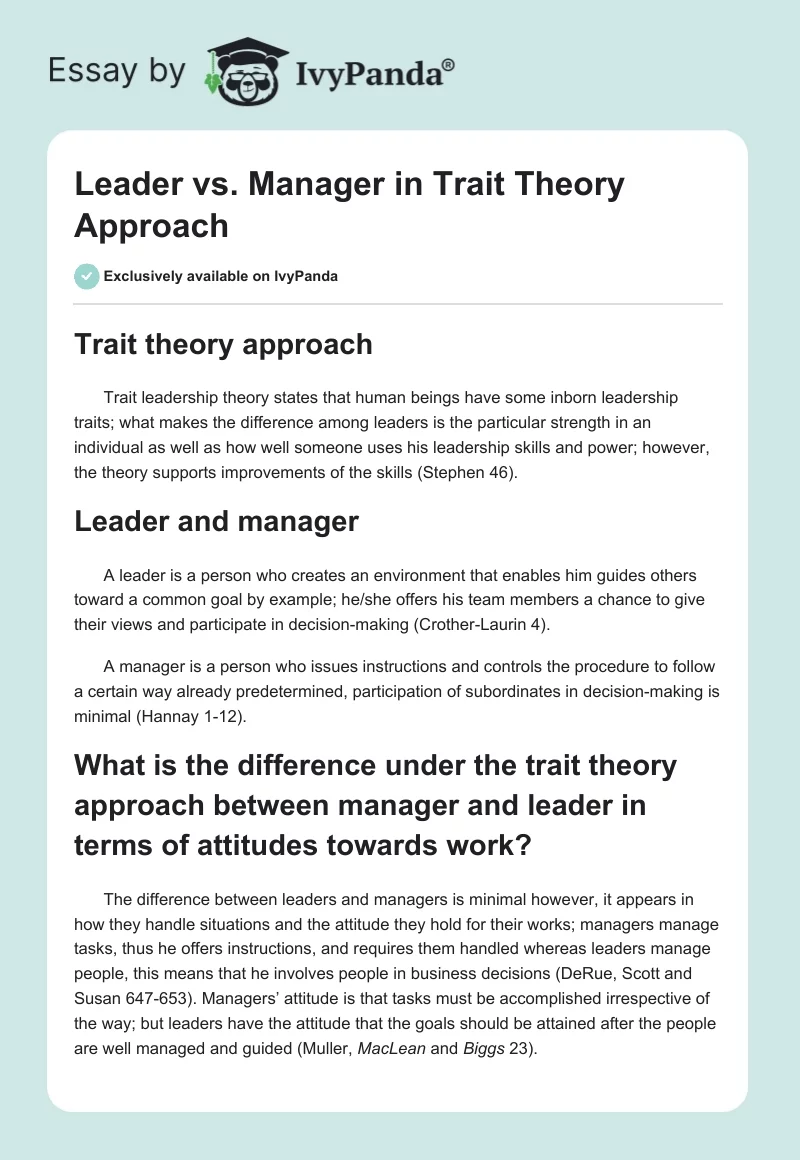 Leader vs. Manager in Trait Theory Approach. Page 1