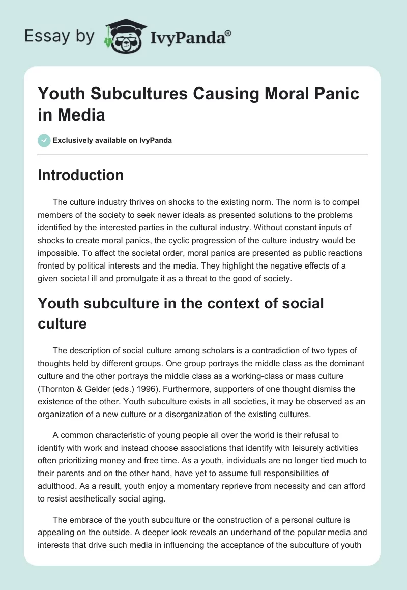 Youth Subcultures Causing Moral Panic in Media. Page 1