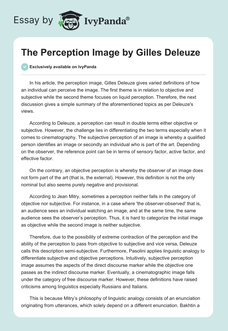 "The Perception Image" by Gilles Deleuze. Page 1