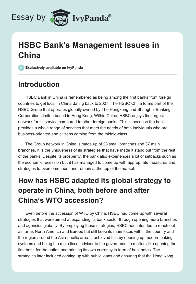 HSBC Bank's Management Issues in China. Page 1