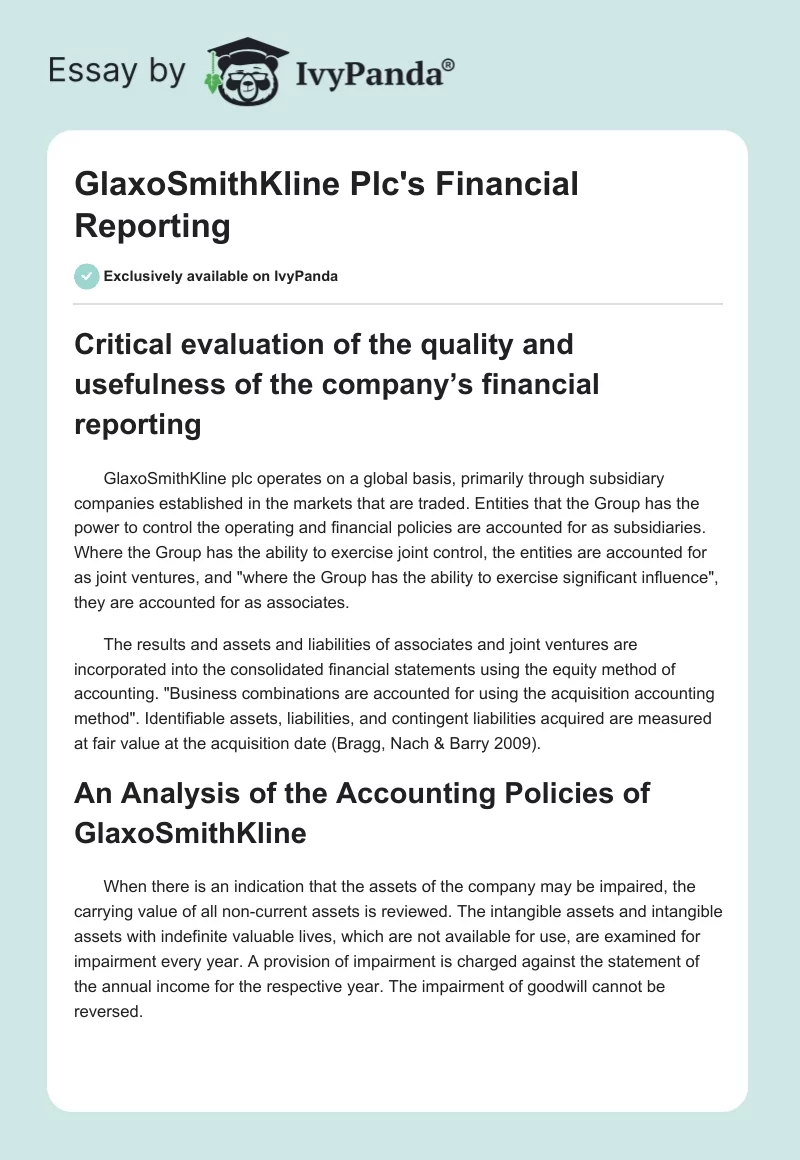 GlaxoSmithKline Plc's Financial Reporting. Page 1